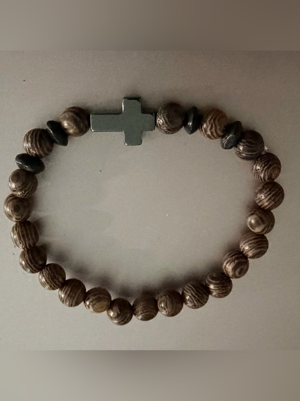 Brushed Silver Toned Brown Beaded Cross Religious Prayer Bracelet Unisex Stretch